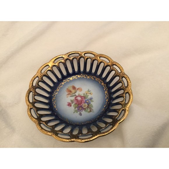 VINTAGE Real Cobalt Germany 10k gold Scalloped Lace Candy Dish - Picture 1 of 6